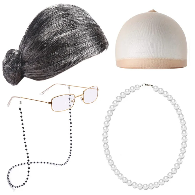 Old Lady Costume Women Kids Girls Adults 100 Day Of School Dress Up Grandma Grey Wig Granny Glasses Halloween Cosplay Accessory