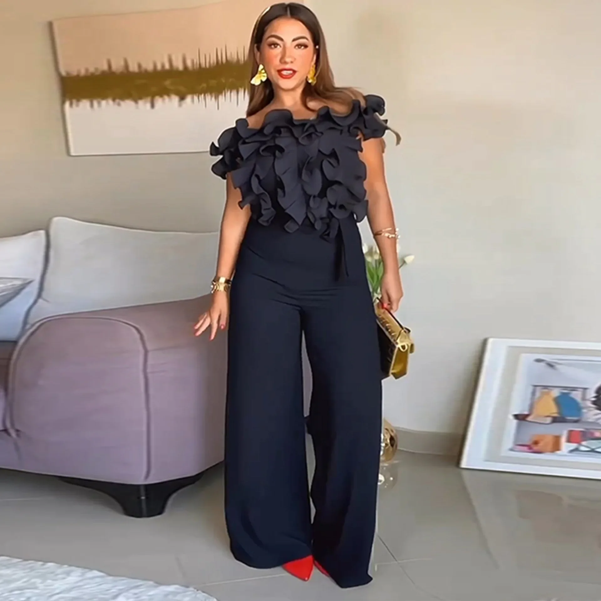 

Elegant Edible Tree Fungus Ruffles Front Wide Leg Off Shoulder Jumpsuit Women Party Club One Piece Suit Vacation Romper Playsuit