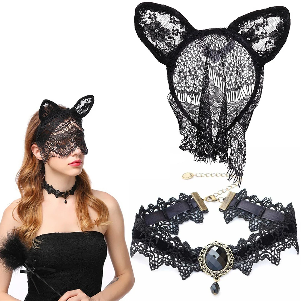 Anime Lace Hair Hoop Cat Ear Headband Collana Set Sexy Bunny Girl Cosplay Party Face Mask Puntelli Donna Nightclub Eye Mask
