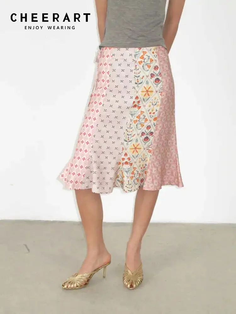 CHEERART Pink Patchwrok Floral Mermaid Skirt For Woman Summer 2025 Knee Length Ladies Fashion Bottoms Designer Clothing
