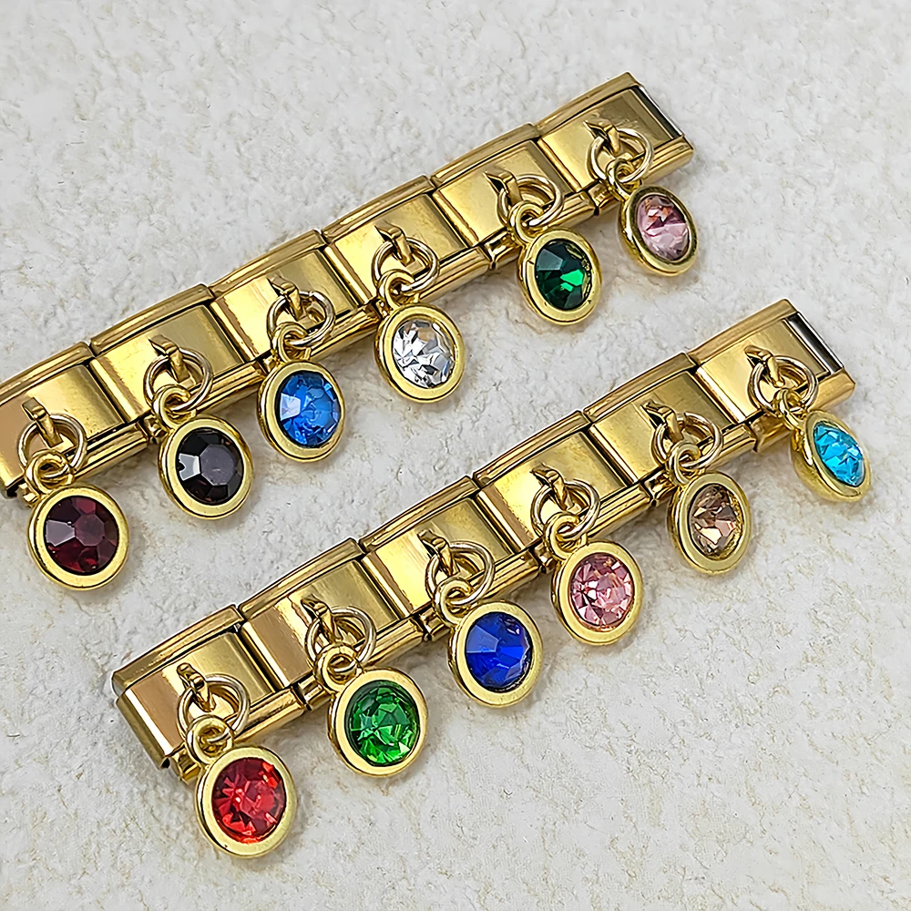 Y2K bunter runder goldfarbener Anhänger mit 12 Geburtssteinen, italienischer Charm-Link, passend für 9 mm Edelstahl-Design-Armbänder, Geschenke, Herstellung von DIY – Detail 2