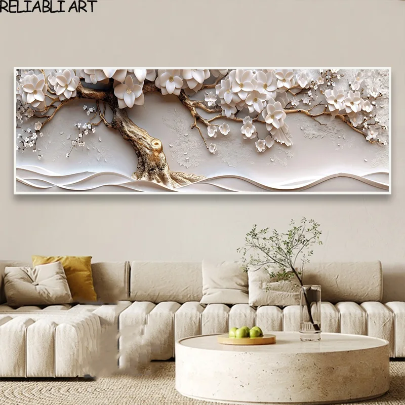 thumbnail image 1 of Póster e impresiones de flores blancas en 3D con árbol dorado de lujo claro, pintura en lienzo, arte de pared para decoración del hogar y sala de estar, sin marco, 1 of 5