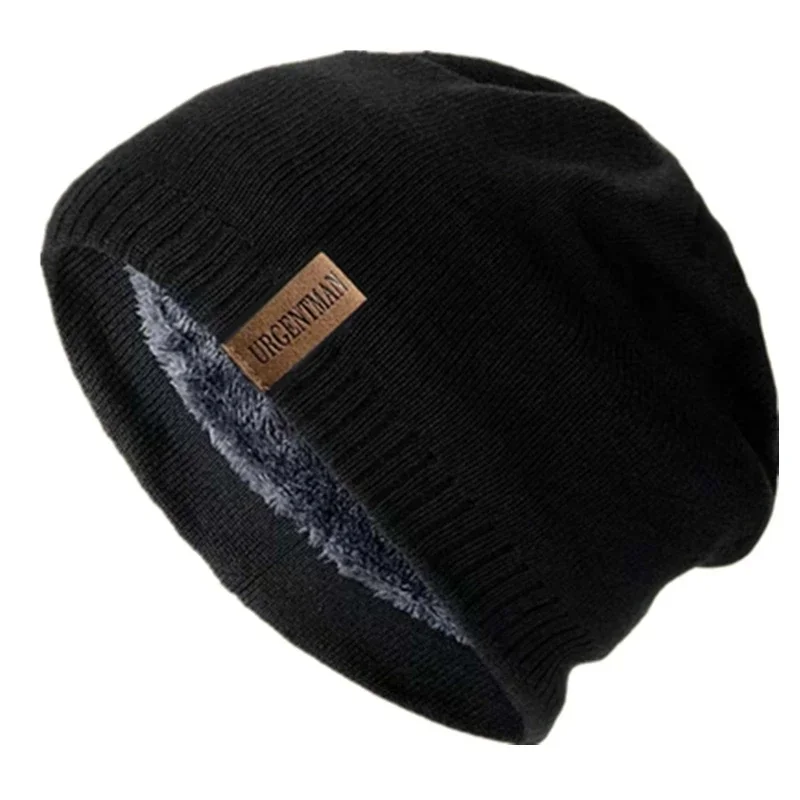 Unisex Letter Labal Winter Hats Solid Color Knitted Hats For Men Women Beanie Cap Outdoor Plush Fur Lining Warm Hats