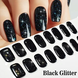 Elegant Pure Pink Semi - Cured Nail Stickers - Long - Lasting Self - Adhesive Gel Nail Wraps (Black Glitter)