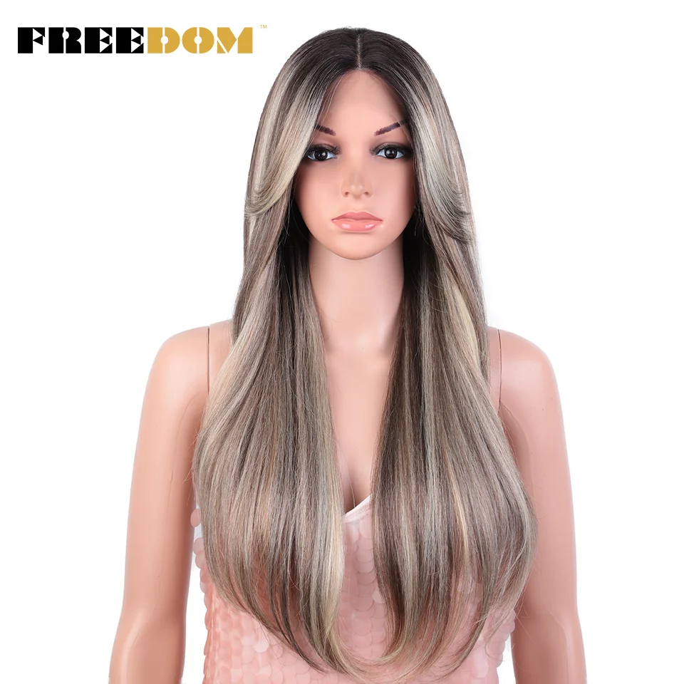 FREEDOM 26 Inch Long Straight Synthetic Lace Front Wig with Bangs Ombre Orange Blonde for Women Cosplay-lace front wig lace wigs synthetic wigs womens synthetic wigs