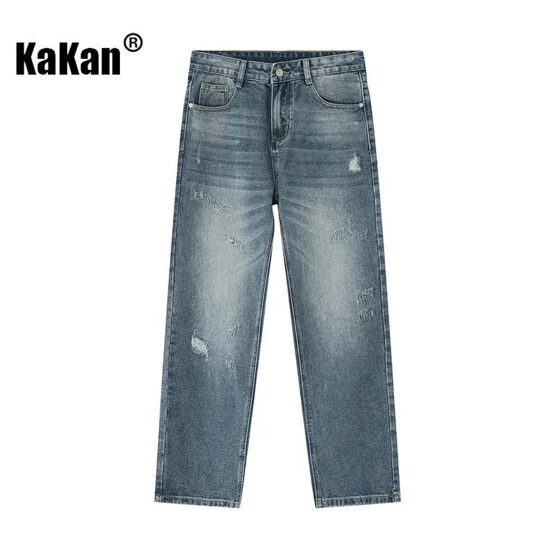 Kakan - New Straight Tube Casual Korean Version Jeans with Loose and Worn Out Design, Popular Youth Long Jeans K50-471