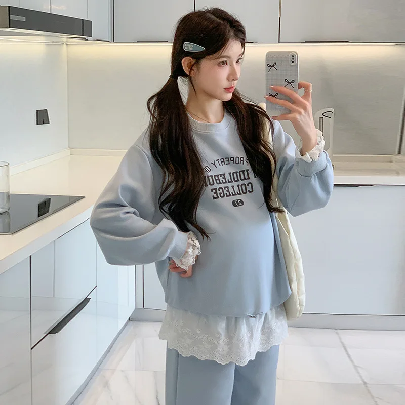 임부복 세트 가을 신상 한국 스타일 캐주얼 나이 감소 루즈 패치워크 레이스 프린트 스웨트셔츠와 바지 투피스 세트