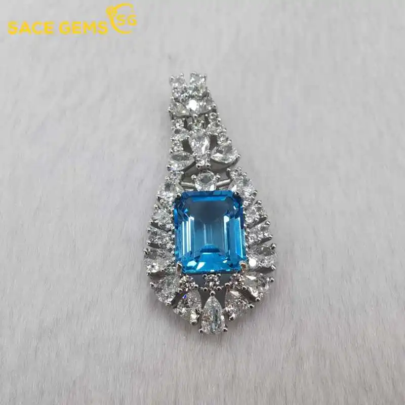 

SACE GEMS Luxury Pendant for Women 925Sterling Silver 9*11mm Swiss Blue Topaz Pendant Necklace Wedding Party Fine Jewelry Gifts