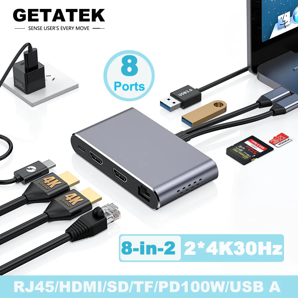 

Getatek USB Hub 8 IN 2 Docking Station VGA USB Type C Hub 4K30Hz Dual HDMI Compatible USB 3.0 Adapter SD Card Reader RJ45 PD100W