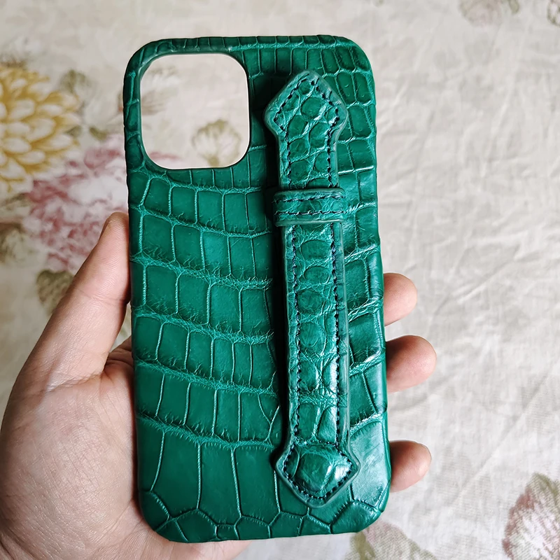 

Natural Crocodile Skin Case Finger Handle For iPhone X XR 11 12 13 14 15 Pro Max Mini Plus Real Genuine Alligator Leather Cover