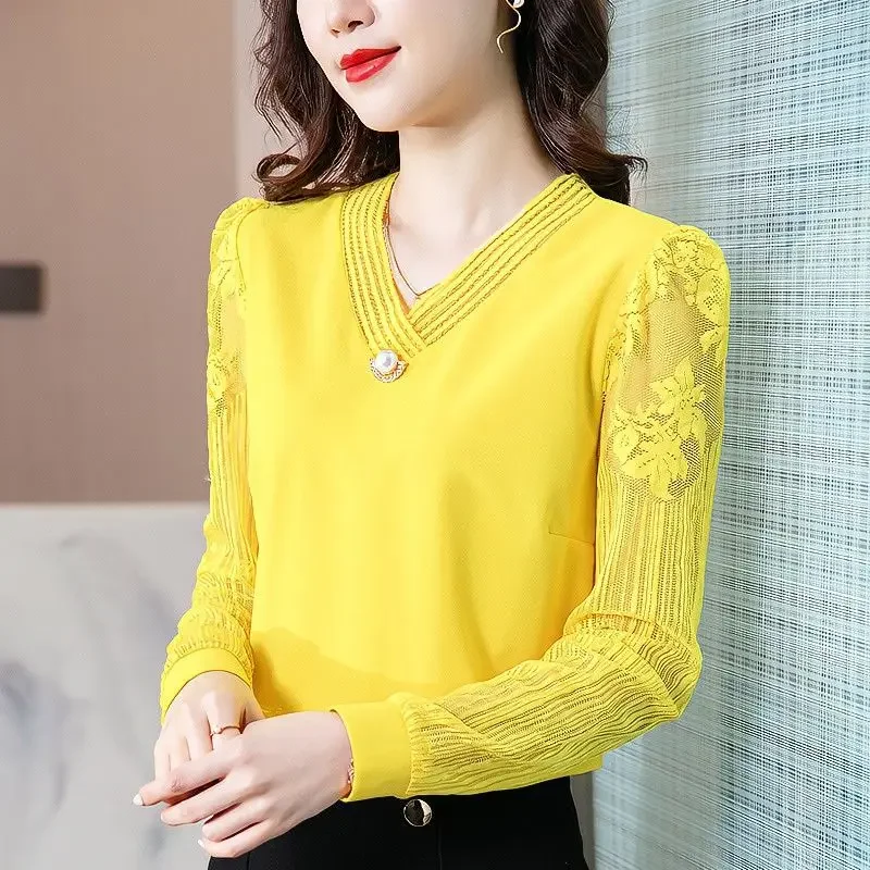 

Chiffon Bottoming Shirt Women's New Fashion Beaded T-shirt Long Sleeve V Neck Mesh Lace Loose Blouse Blusas Mujer De Moda X731