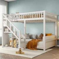 Lit superposé 140x200cm, lit enfant 90x200cm pour 2 enfants, lit cabane avec sommier à lattes et armoire de rangement, lit maison 1