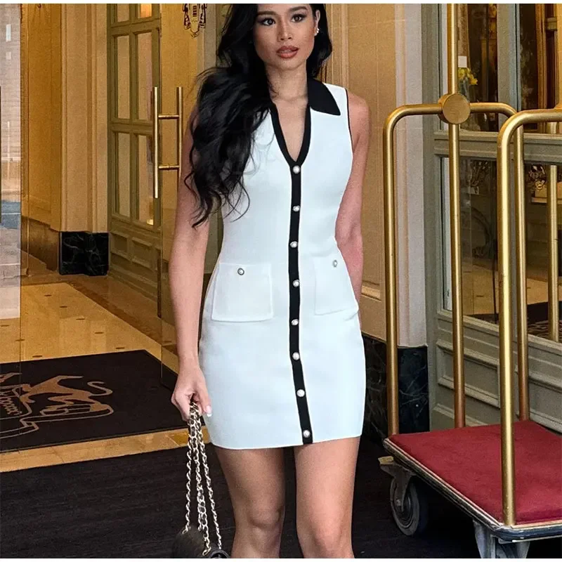 

Elegant Contrast Lapel Knitted Dress For Women Single Breasted Sleeveless Slim Mini Dresses Fashion Female High Street