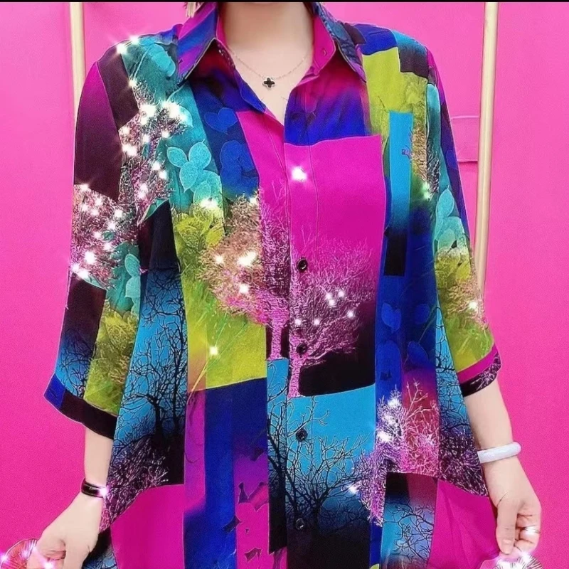 

2024 Summer New Fashionable and Versatile Sunscreen Chiffon Shirt Women's Top Korean High End Print Mid Length Spliced Outer Shi