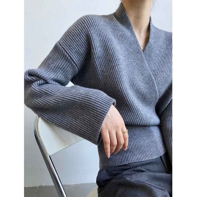 Autumn Winter Cross V-neck Wrap Short Knit Sweater Women Short High Waist Long Sleeve Solid Color Tops