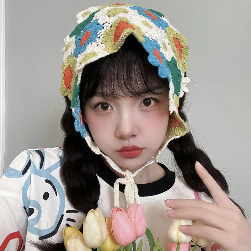 

Fashion Ins Korean Version Knitted Hollow Three-piece Towels for Women Sweet Cute Girl Flower Headscarf Travel Photo Headbands