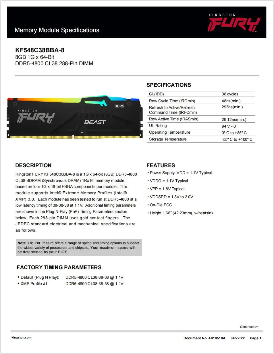 Intel CPU, RAM 288 PIN 1.1V, 8GB,