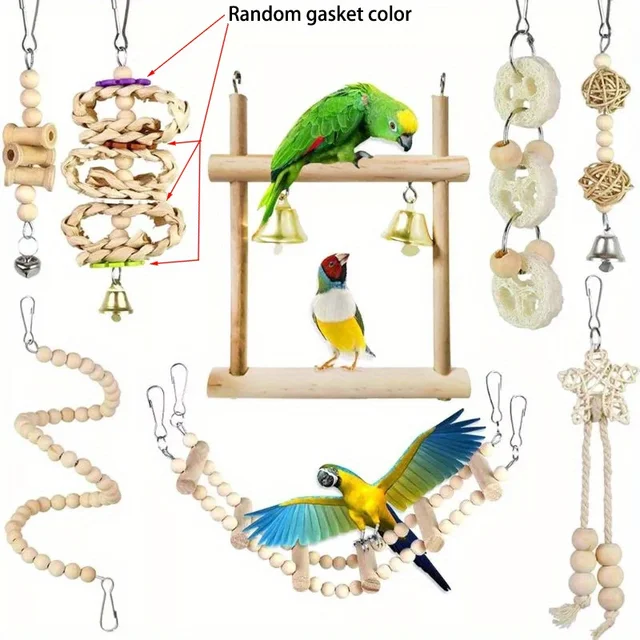 8pcs High-Quality Parrot Playset - Wooden Swing & Chew Toys for Birds, Stain-Free Pet Bird Entertainment Kit 3