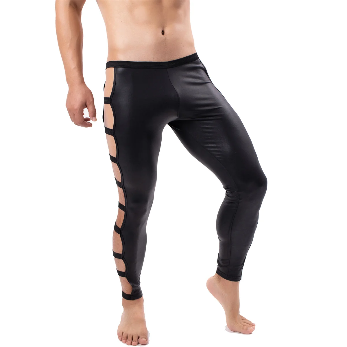 Description Picture 3 of itemSexy Mens Trousers Side Straps PU Leather Latex Tight Long Pants Singlets Faux Leather Fitness Clubwear Gay Wetlook Jogger Pants
