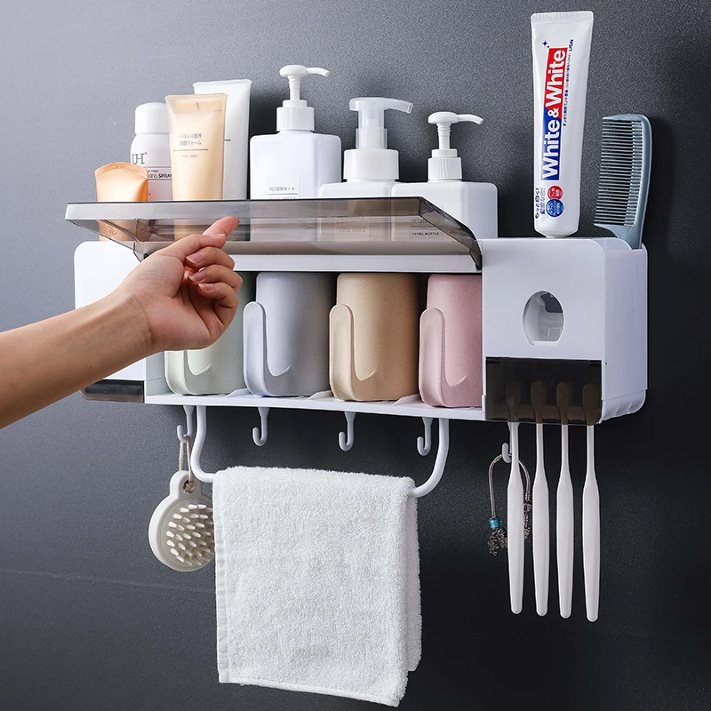 Toothbrush Holder Toothpaste Automatic Dispenser Bathroom Toiletries Storage Rack Clamshell Cup Rack Shelf Towel Bar Hook