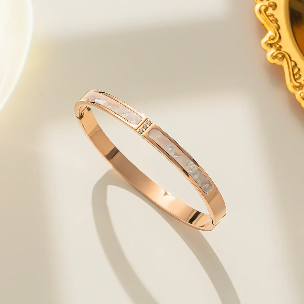 Htpwe Stainless Steel Rectangular Shell Inlaid Zirconium Bracelet Women 18kGold Couple Holiday Gift Bracelet Party Daily Jewelry bangle bracelet stainless steel bracelet zircon bracelet zirconia bangle