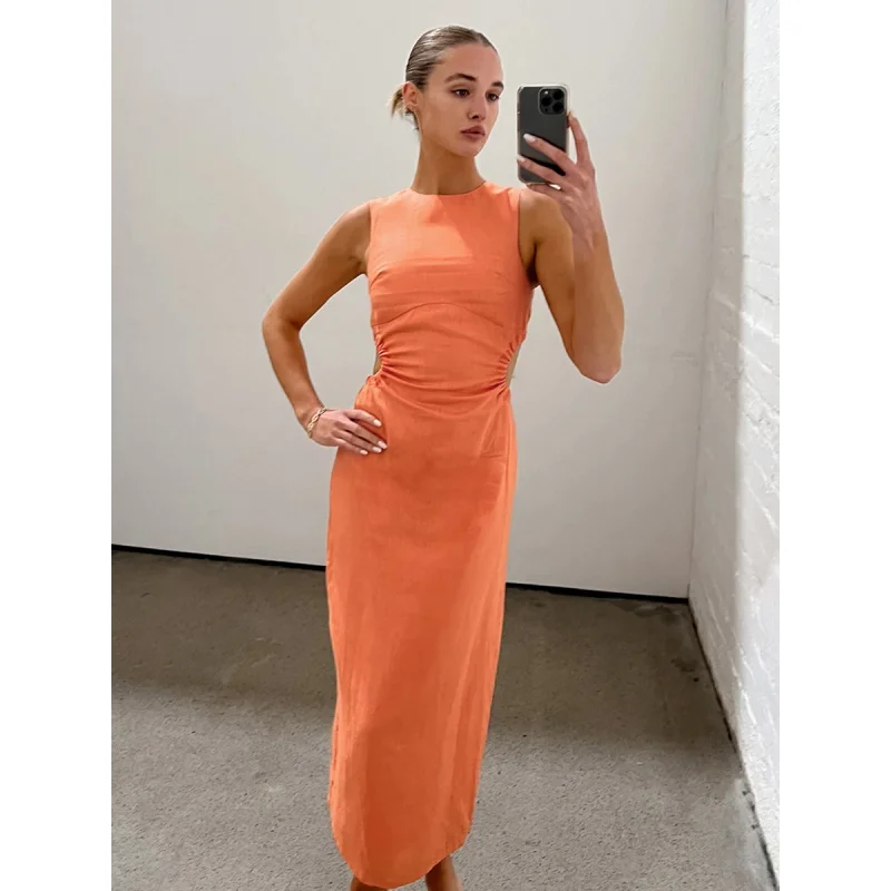 

2024 Spring and Summer New Vacation Casual Orange Cotton Linen Vest Dress Women's Waist round Neck Sheath Dress Women's Fengsb