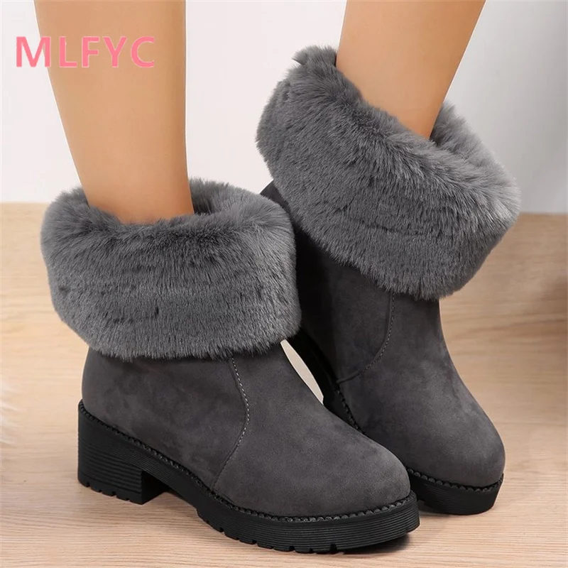 Large New Winter Low Barrel Snow Boots Thick Heel Thickened plush Warm Cotton Shoes Women's Heel Round Toe Boots