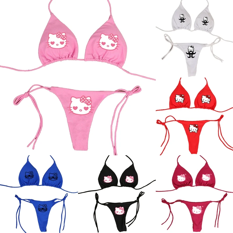 

Женский раздельный комплект нижнего белья, бикини на завязках с мультяшным принтом Hello Kitty, разные цвета