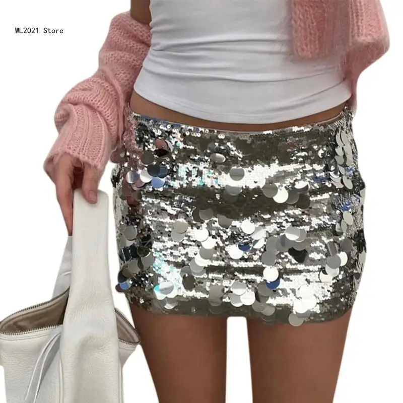 

Womens Layered Sequins Stretchy Package Hip Low Waist A-Line Mini Skirt