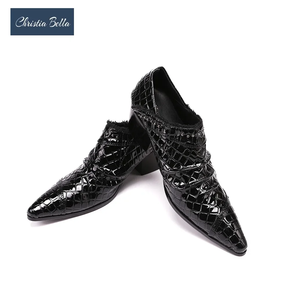 Classic Black Lacquer Leather Men Mid Heel Oxfords Shoes Party Prom Business Formal Shoes Plus Size Slip on Wedding Dress