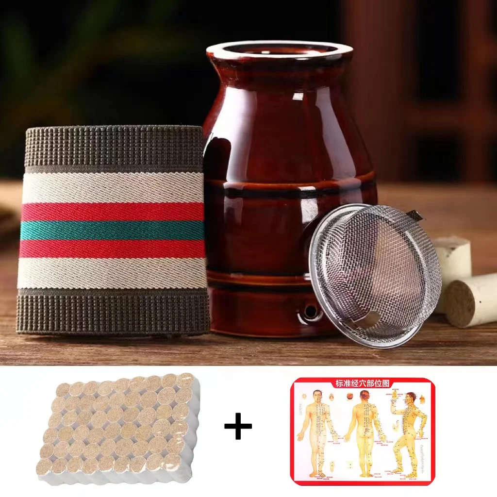 54Pcs Moxibustion Sticks Plus Tropical Ceramic Warm Moxibustion Pot Scraping Cup Acupuncture Heat Therapy Acupoint Massage