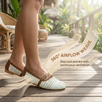 Women‘s Woven Sandals Flat Summer Breathable Mesh Openwork Shoes Square Toe Mary Jane Comfortable Slip On Ballet Sandals Female 1