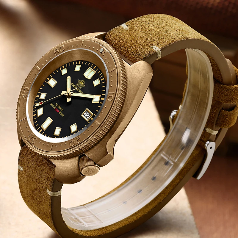 ADDIESDIVE CUSN8 Bronze Watch Men Automatic Watches NH35 Leather Strap C3 Super Luminous Sapphire Glass 200m Diving Wristwatch