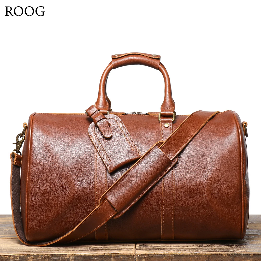 ROOG Vintage Leather Travel Tote Bag Roomy Interior Fits Essentials Style Practicality