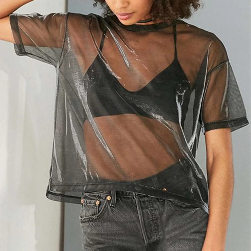 tシャツ mesh sheer tops レディース Women's Fashion Sheer T-Shirt, Mesh Top, Transparent Club