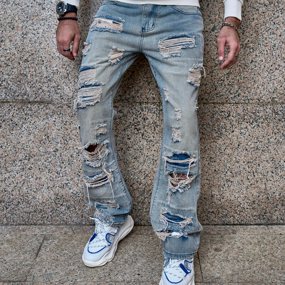 2023 Spring Stylish Loose Ripped Men Straight Jeans Trousers Hip hop Male  High Quality Solid Holes Casual Denim Pants