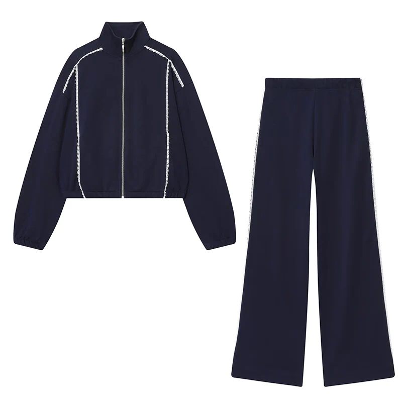 Solid Color Lace Jacket Long Pants 2 Pieces Sets Women Loose Zipper Jackets Loose High Waist Trousers Casual Woman Outfits