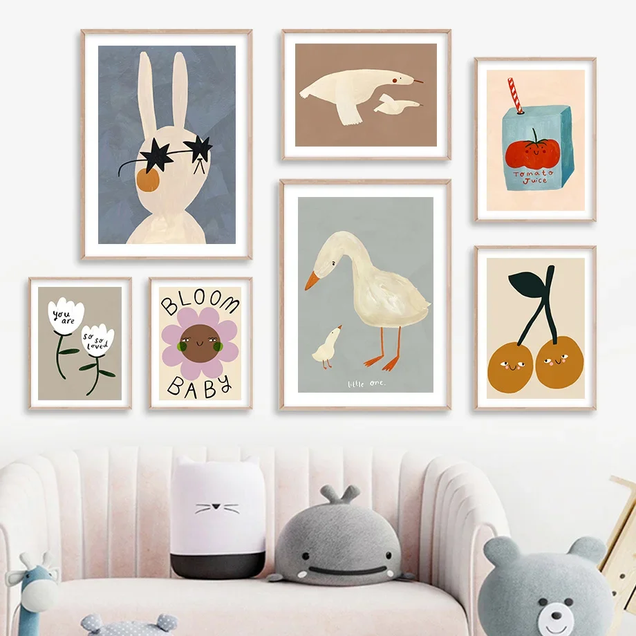 

Cute Rabbit Goose Cherry Flowers Nursery Wall Art Canvas Painting Nordic Posters And Prints Wall Pictures Baby Kids Room Decor