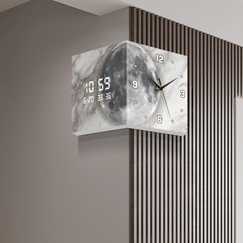 Living Room Double sided Wall Clock Creative two face Clock Wall Light Lunar Corner Digital