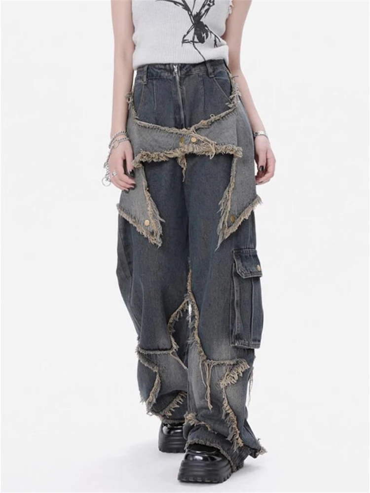

Women's Star Patchwork Vintage Baggy Jeans Summer Neutral Loose Straight Denim Pants New Hip Hop Female Streetwear Trousers