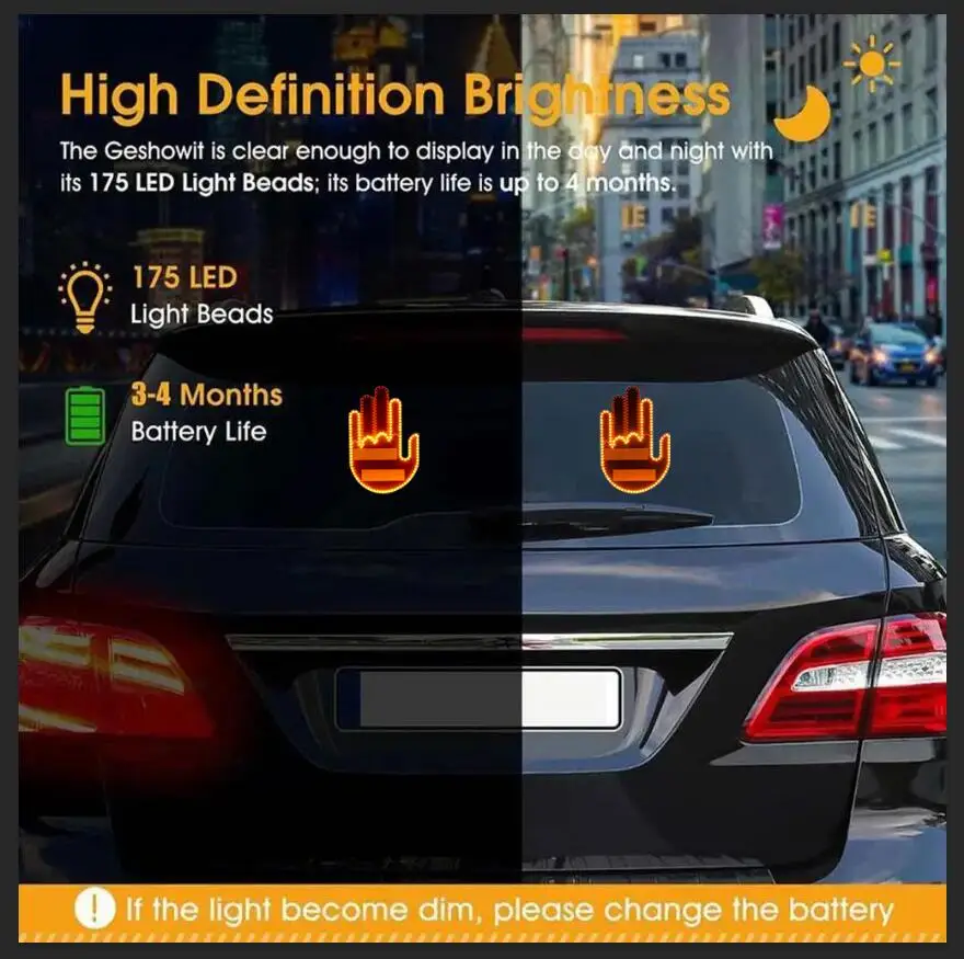 Funny Car Finger Light with RF 3modes Road Rage Signs Middle Finger Gesture Light Auto Amber Middle Finger Warning Brake Light