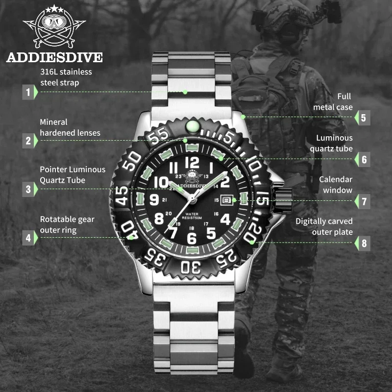 ADDIESDIVE Men's Luminous Waterproof Nylon Strap Watch