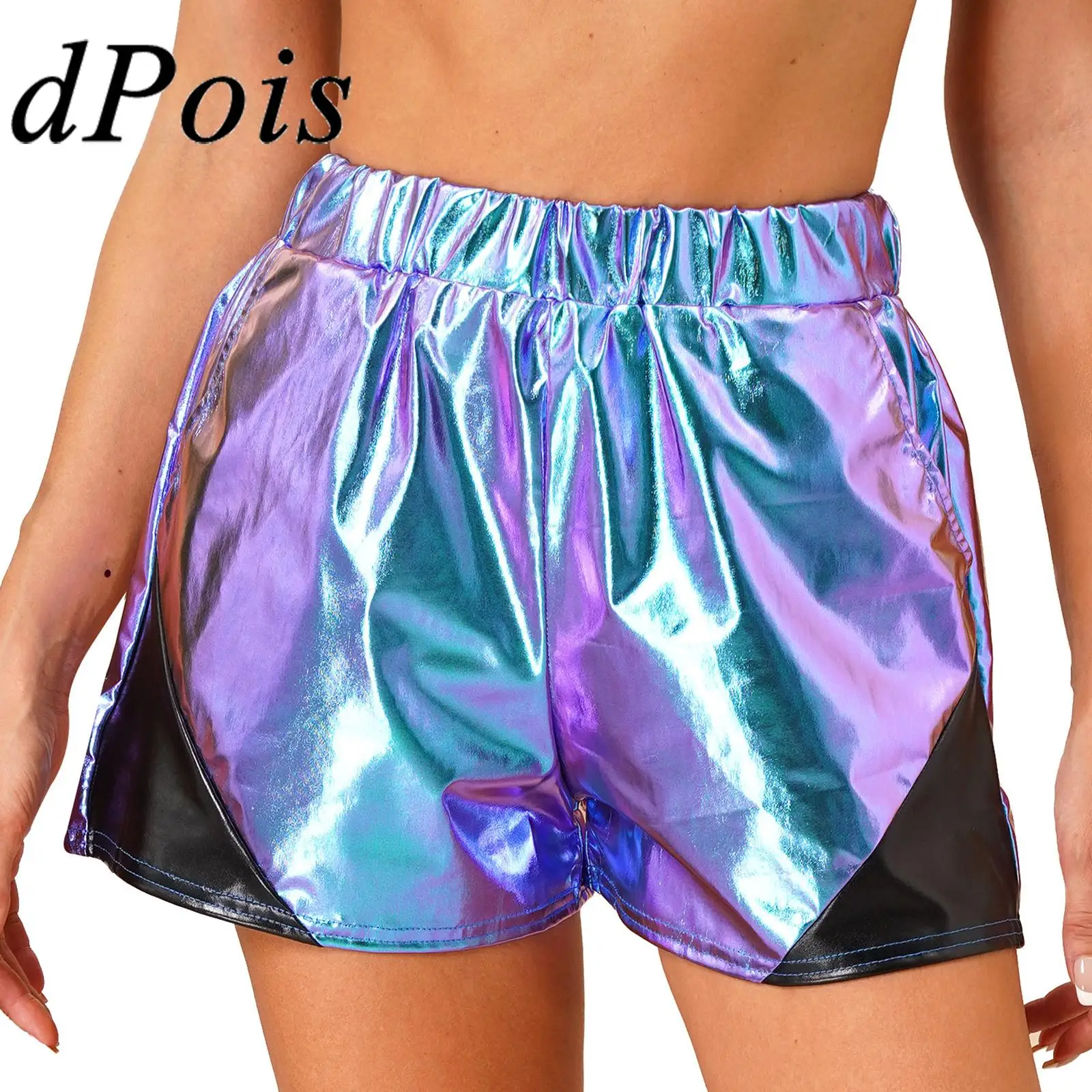 

Womens Metallic Shiny Elastic Waist Loose Shorts Sparkly Hot Pants Clubwear Carnivals Jazz Disco Dancewear Rave Party Costume