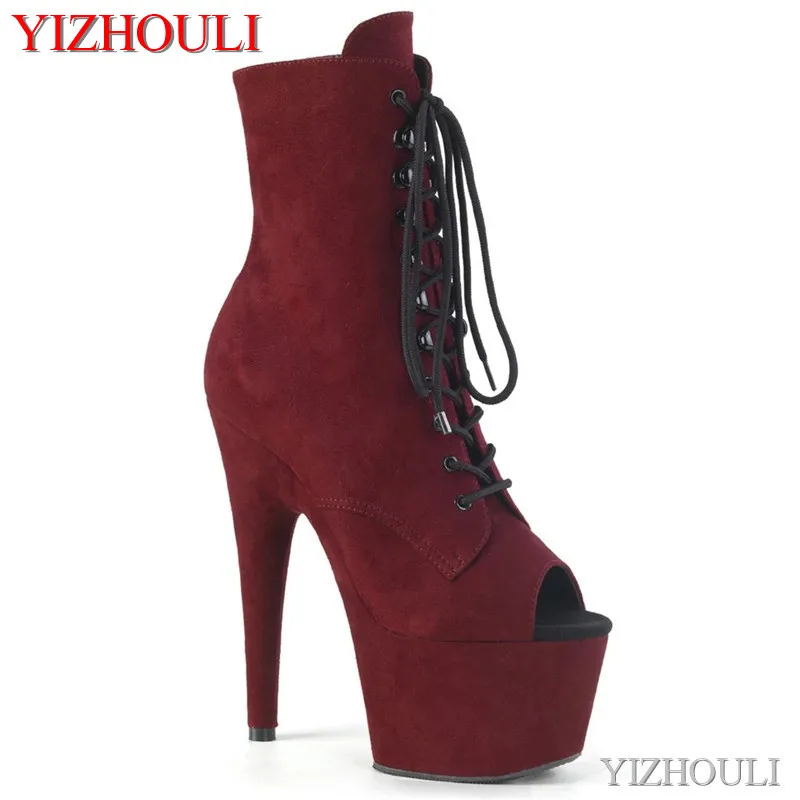 

17cm heels, low-heeled dinner boots, 7-inch fishmouth suede heels with open toes, for nightclub pole dance shoes