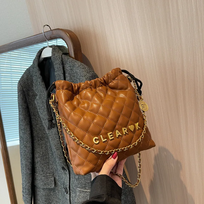 Fashion Women New Designer Luxury Rhombus Chain Shoulder Underarm Bag Advanced Texture Slung Bucket Bag