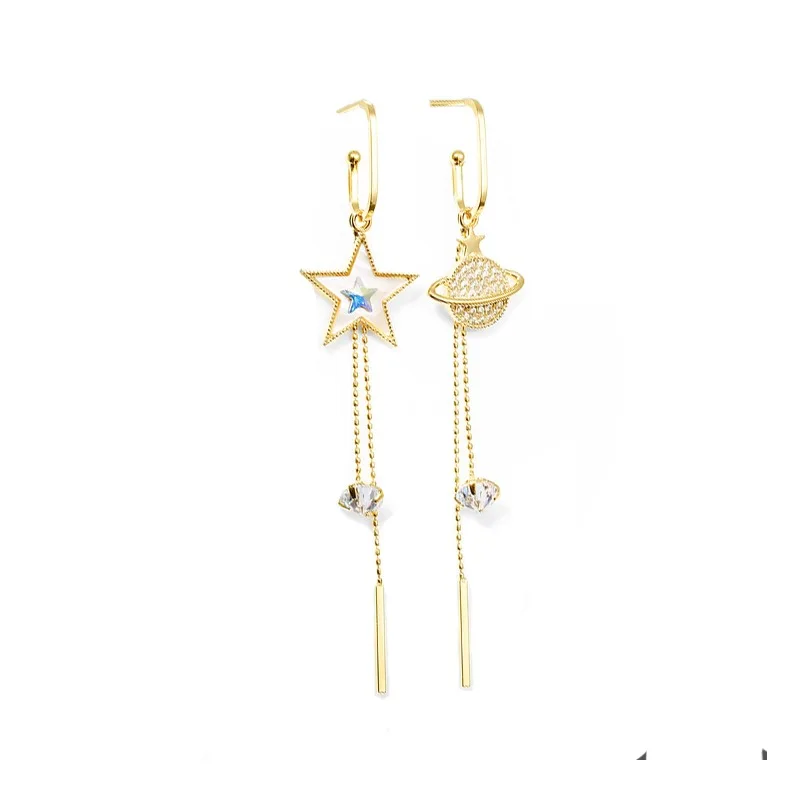 JWER New Trend Star Earth Long Tassel Dangle Earrings For Women Planet Crystal Statement Pendant Earrings Wedding Party Jewelry