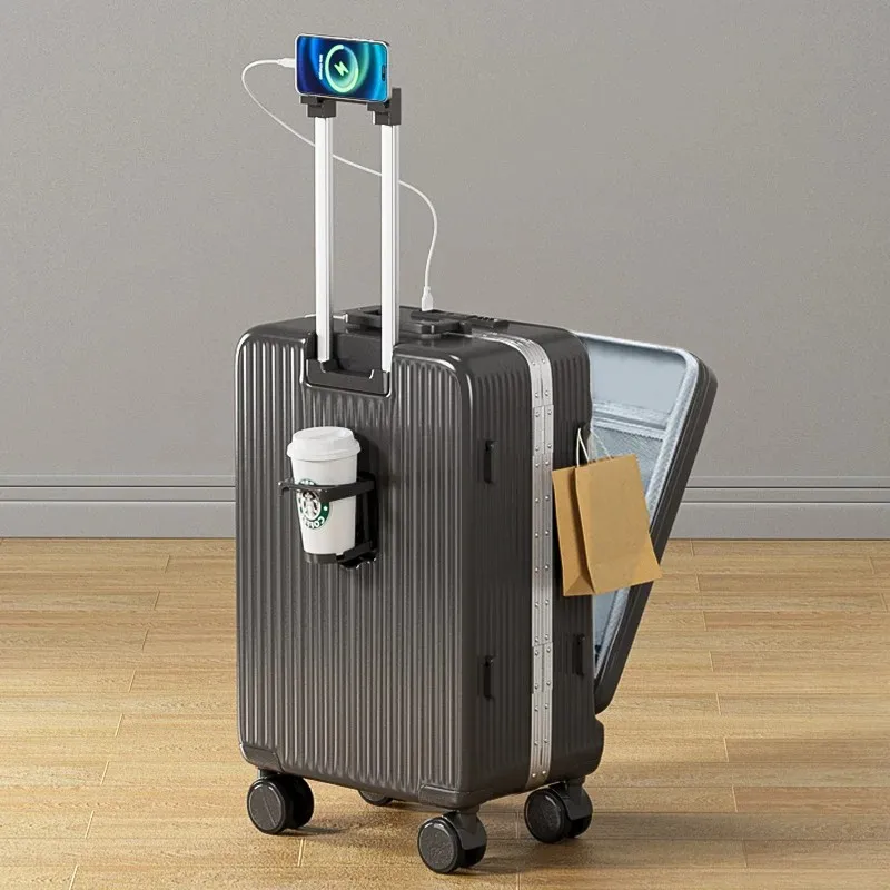 Suitcase Front Opening Laptop Bag Luggage USB Cup Holder Cabin Carry-on 20/26/28 inch Suitcases Travel Bag Rolling Trolley Case