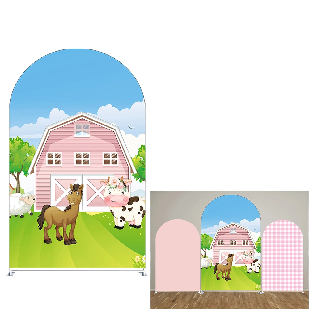 

Pink Farm Grid Theme Arch Backdrop Covers for Parties, Arched Panels Wedding Birthday and Baby Shower Party Decoration Props