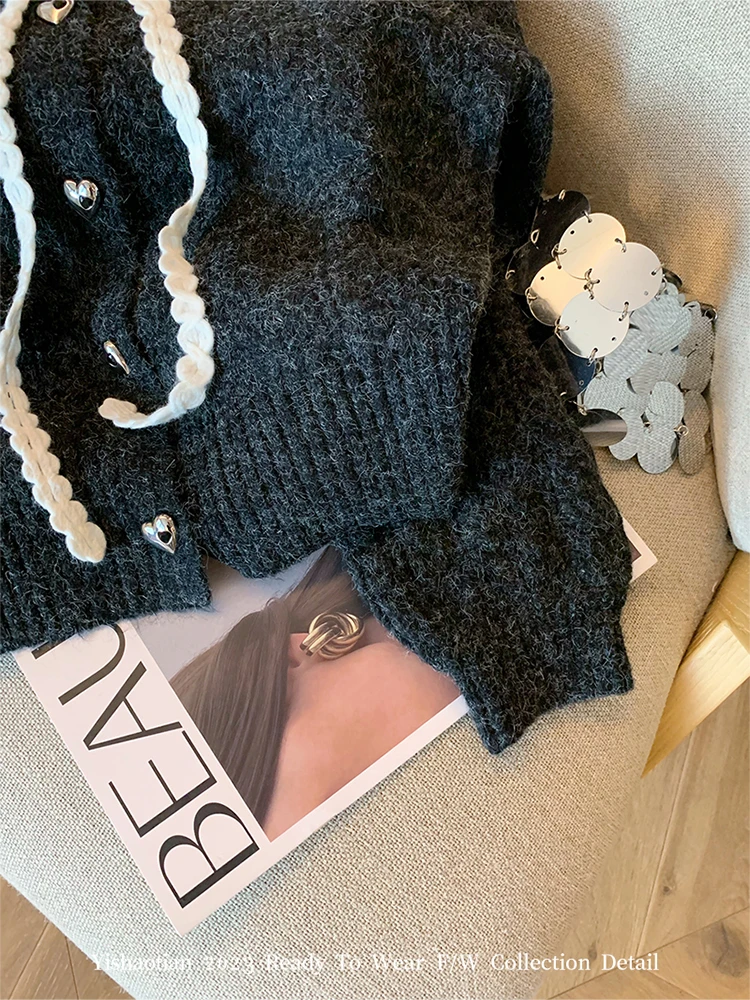 프랑스어 피터팬 칼라 럭셔리 가디건 레이스 업 슬림 세련된 여성의 새로운 니트웨어 2023 가을 겨울 streetwear 일본 패션