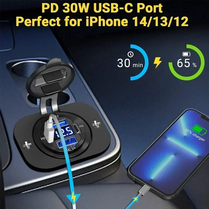 117W Dual PD Dual QC 3.0 USB Car Charger Voltmeter Socket Power Outlet Adapter Waterproof 12V/24V Car Boat